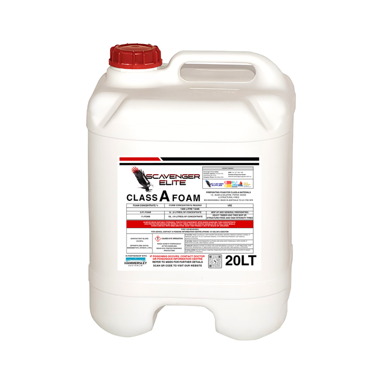 White container of Class A Foam with red cap on a white background. Scavenger Elite Fire Fighting Foam