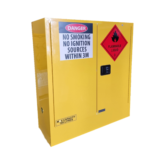 A yellow NFPA compliant hazardous liquid storage cabinet with a digital lock, featuring a red flammable liquid hazard label and a white safety warning sticker.