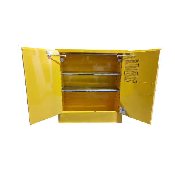 A yellow metal storage cabinet with two doors swung open, showing three interior shelves and silver metal hardware, photographed against a plain white background.