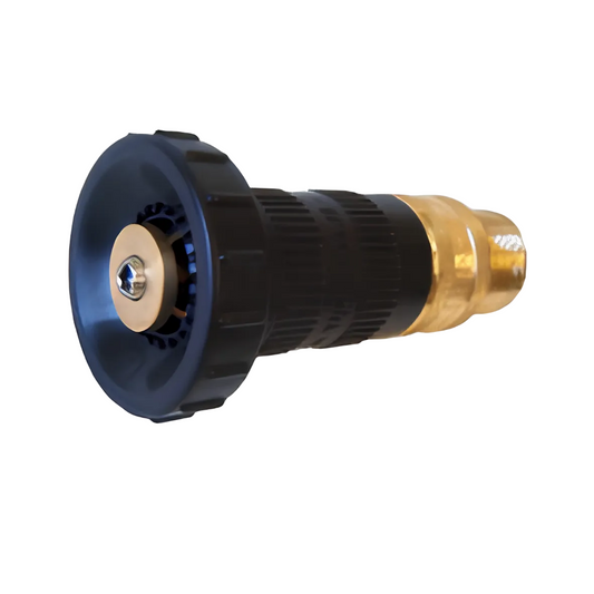 Pressure washer nozzle with black and gold design on a white background