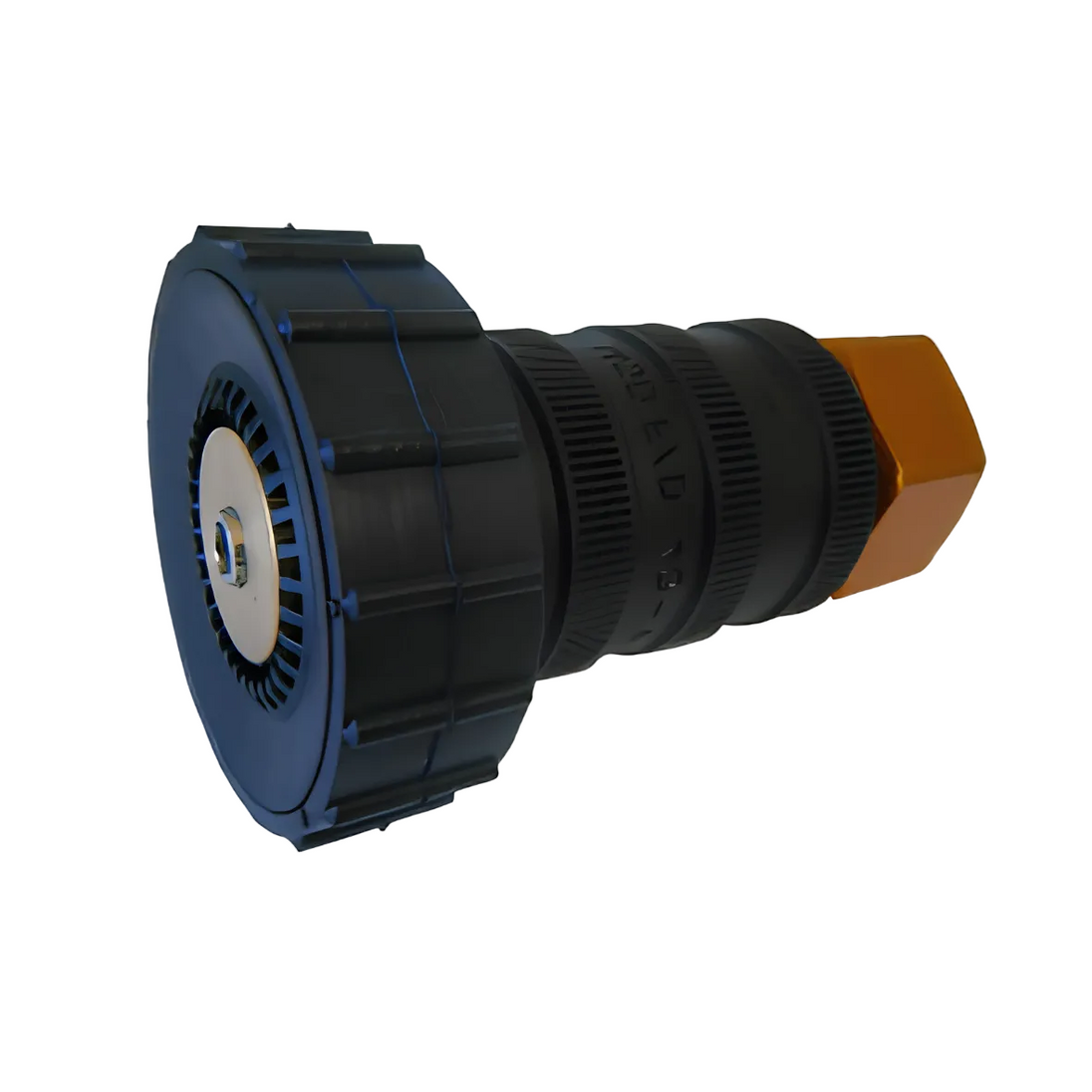 Mechanical fire hose nozzle component with blue and black design