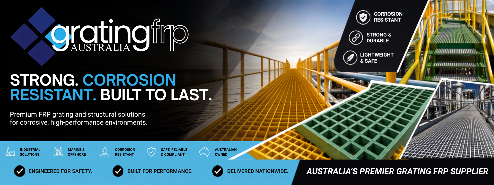 Promotional banner for Grating FRP Australia, showcasing green and gray FRP grating panels on industrial walkways, with text highlighting corrosion resistance, strength, and safety.