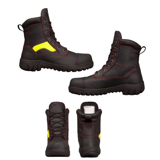 Black work boots with yellow accents on a white background