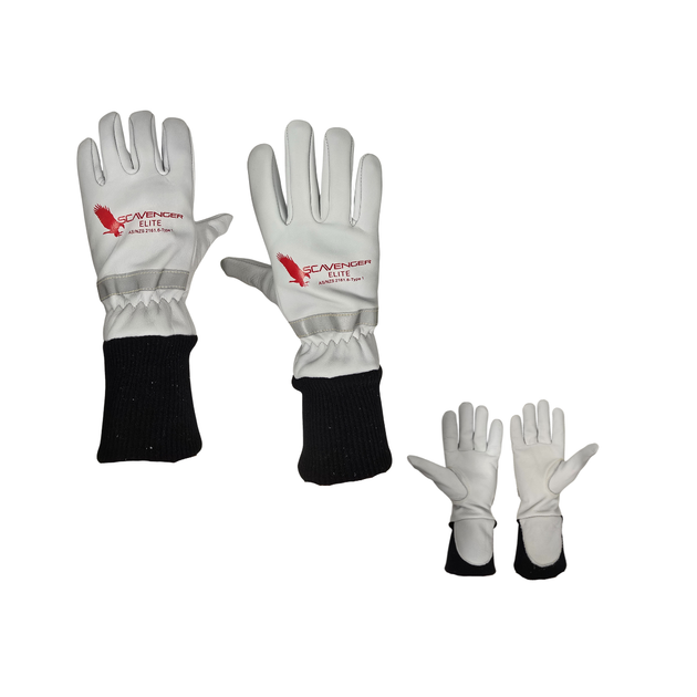 Pair of white gloves with black cuffs and red logo on a white background